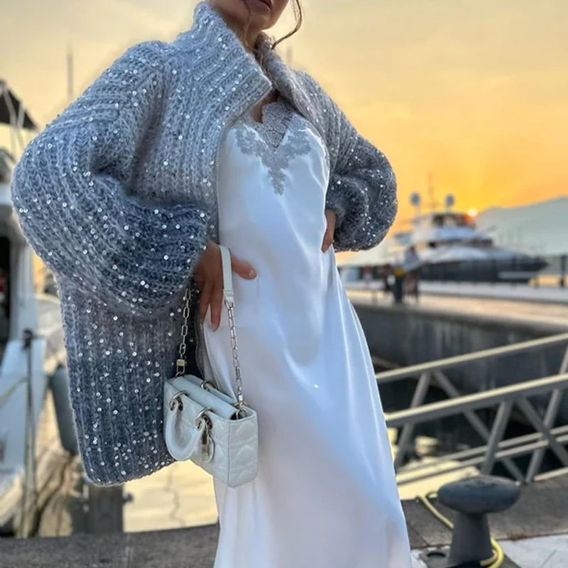 Veste pull tricotée avec paillettes unies