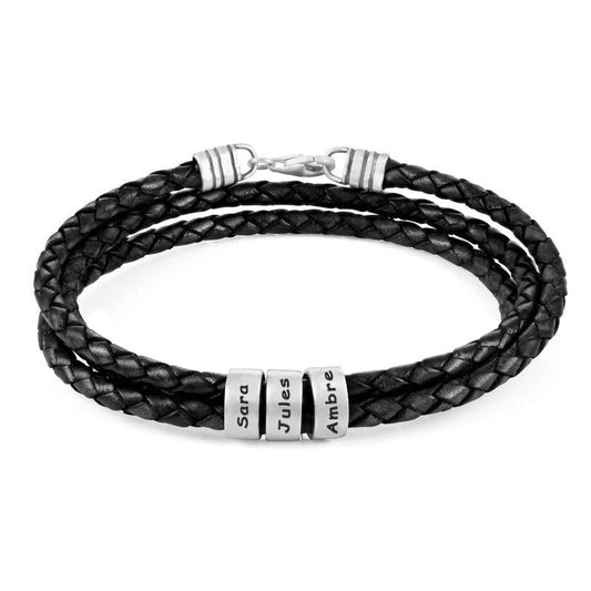 Bracelete Masculino em Couro Preto – Personalizável com Acabamentos em Prata ou Ouro 